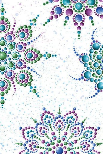 Carmon's Quilt Shop Dragonfly Wonder fabric featuring lavender, blue, and green dot mandala patterns on white.