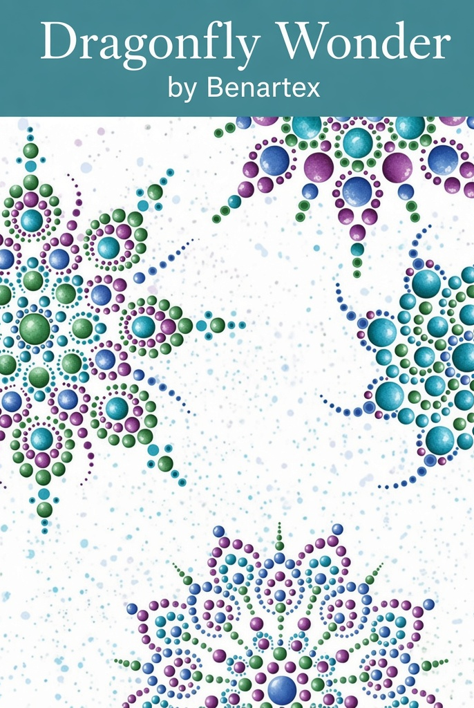 Carmon's Quilt Shop Dragonfly Wonder fabric featuring lavender, blue, and green dot mandalas on a white background.