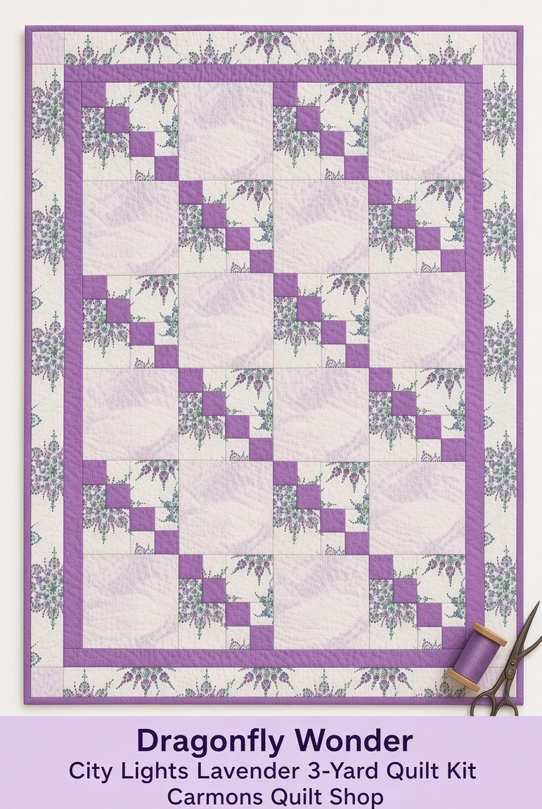 Carmon's Quilt Shop Dragonfly Wonder City Lights lavender quilt kit featuring floral prints and geometric blocks.