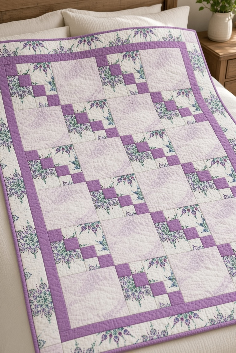 Carmon's Quilt Shop Dragonfly Wonder lavender quilt featuring geometric blocks and floral prints on a bed.