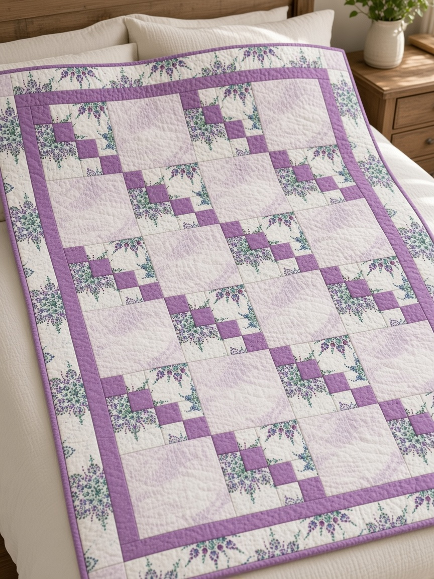 Carmon's Quilt Shop Dragonfly Wonder lavender quilt featuring geometric blocks and floral prints on a bed.