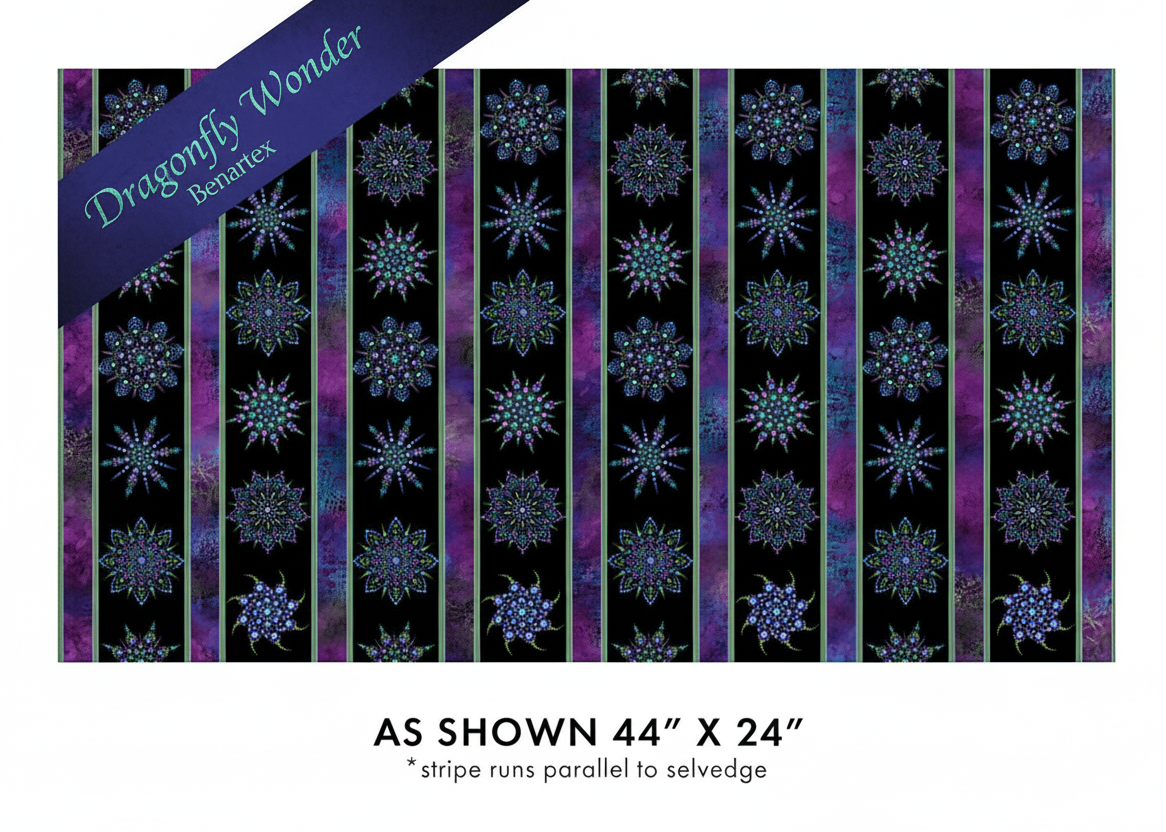 Carmon's Quilt Shop Dragonfly Wonder stripe cotton fabric featuring plum and black mandala patterns on 44 inch cloth