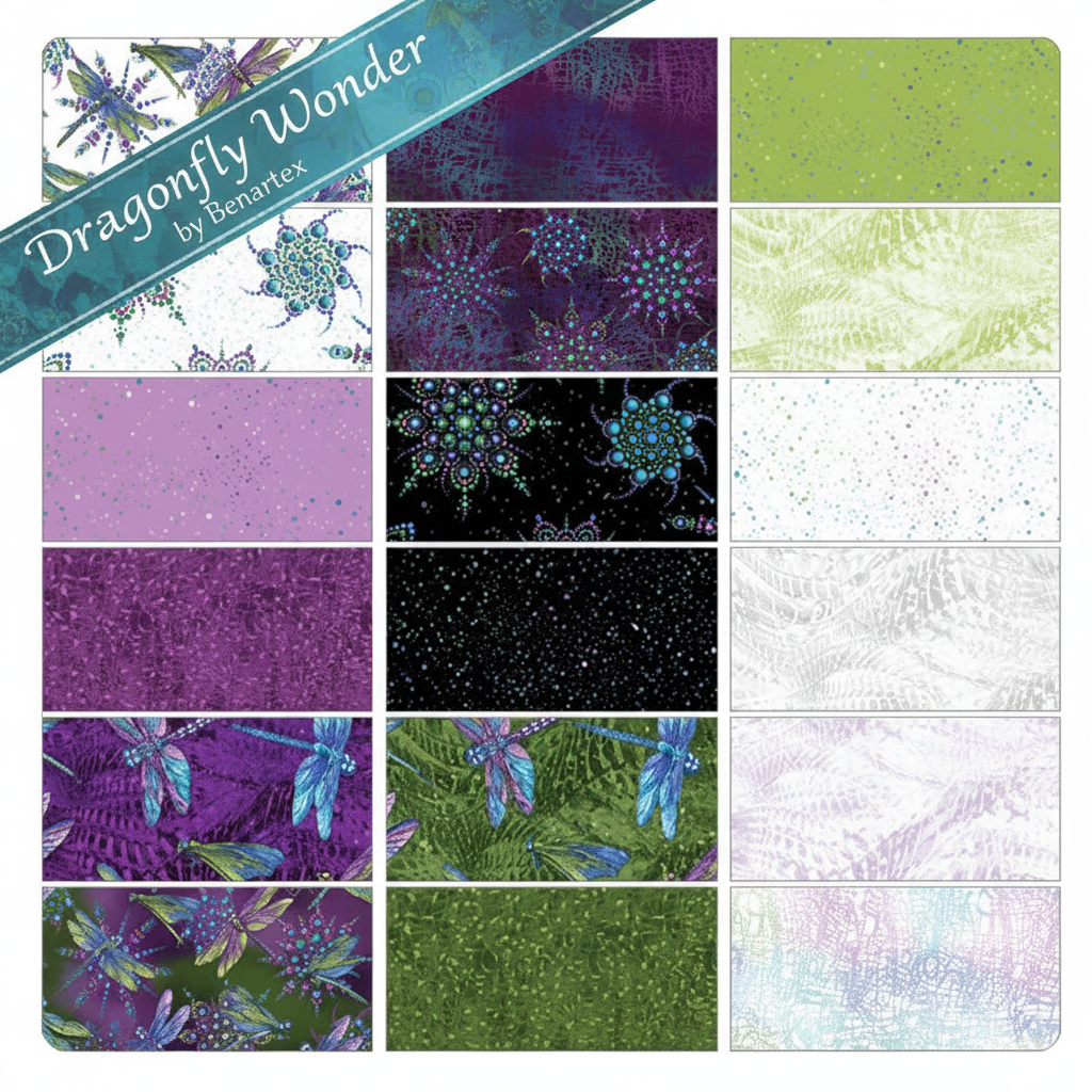 Carmon's Quilt Shop Dragonfly Wonder quilting fabric collection featuring dragonfly and medallion prints in plum multi