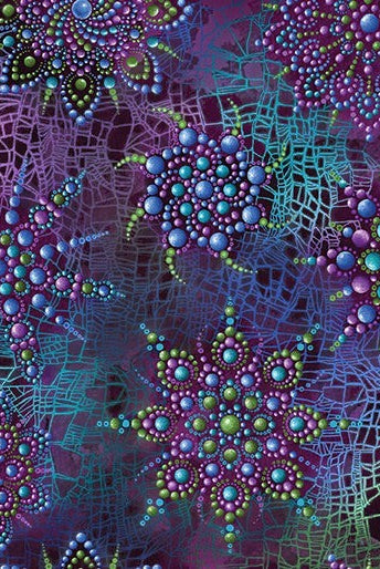 Carmon's Quilt Shop Dragonfly Wonder cotton fabric featuring purple and teal mandala-style dragonfly patterns