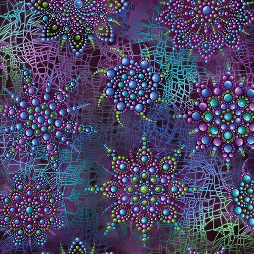Carmon's Quilt Shop Dragonfly Wonder cotton fabric featuring purple and teal mandala-style dragonfly patterns