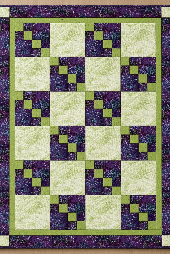 Carmon's Quilt Shop Dragonfly Wonder City Lights 3-yard quilt kit featuring purple and green geometric cotton blocks.