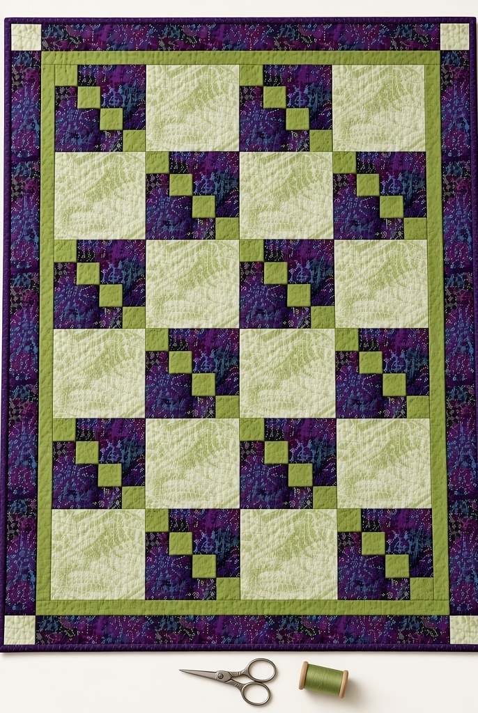 Carmon's Quilt Shop Dragonfly Wonder City Lights 3-yard quilt in purple and green geometric cotton fabric