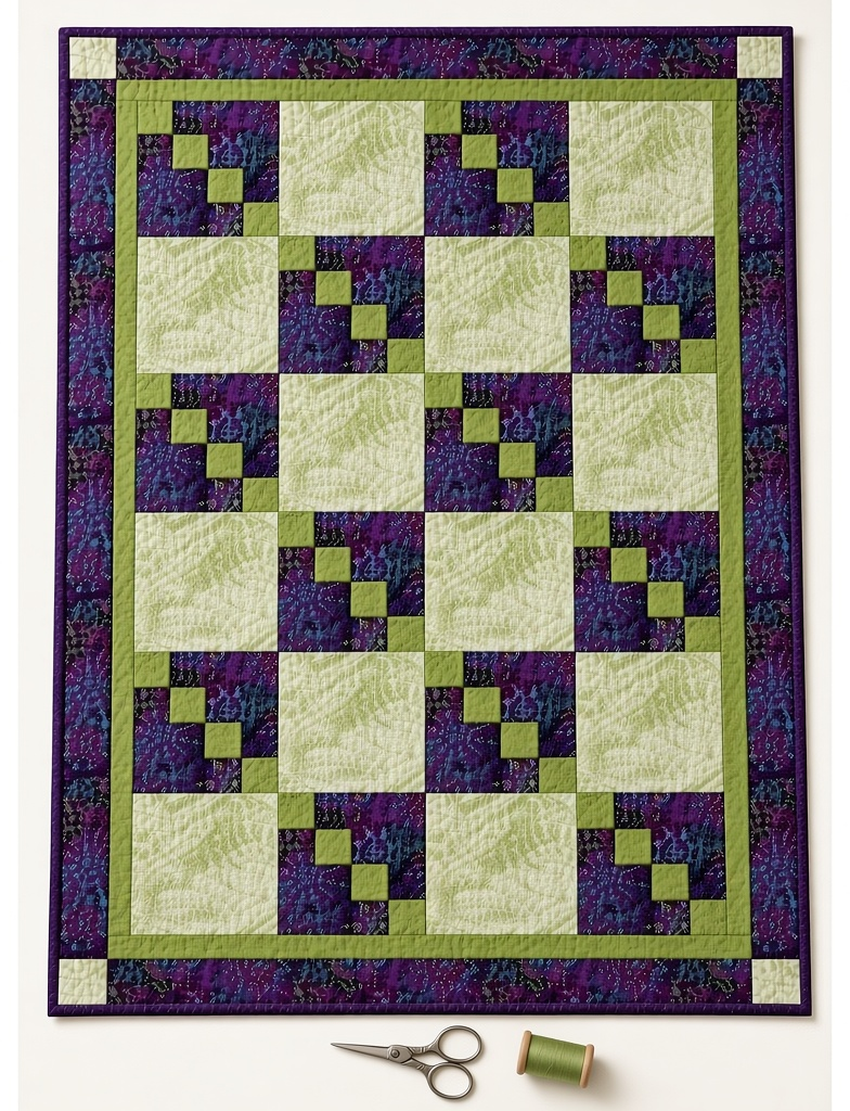 Carmon's Quilt Shop Dragonfly Wonder City Lights 3-yard quilt in purple and green geometric cotton fabric