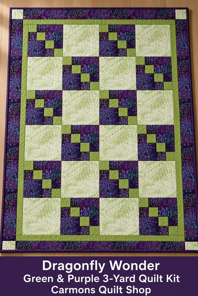 Carmon's Quilt Shop Dragonfly Wonder 3-yard quilt kit in green and purple geometric cotton fabric