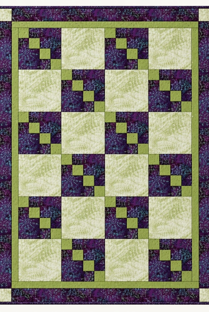 Carmon's Quilt Shop Dragonfly Wonder City Lights 3-yard quilt in green and purple geometric cotton fabric