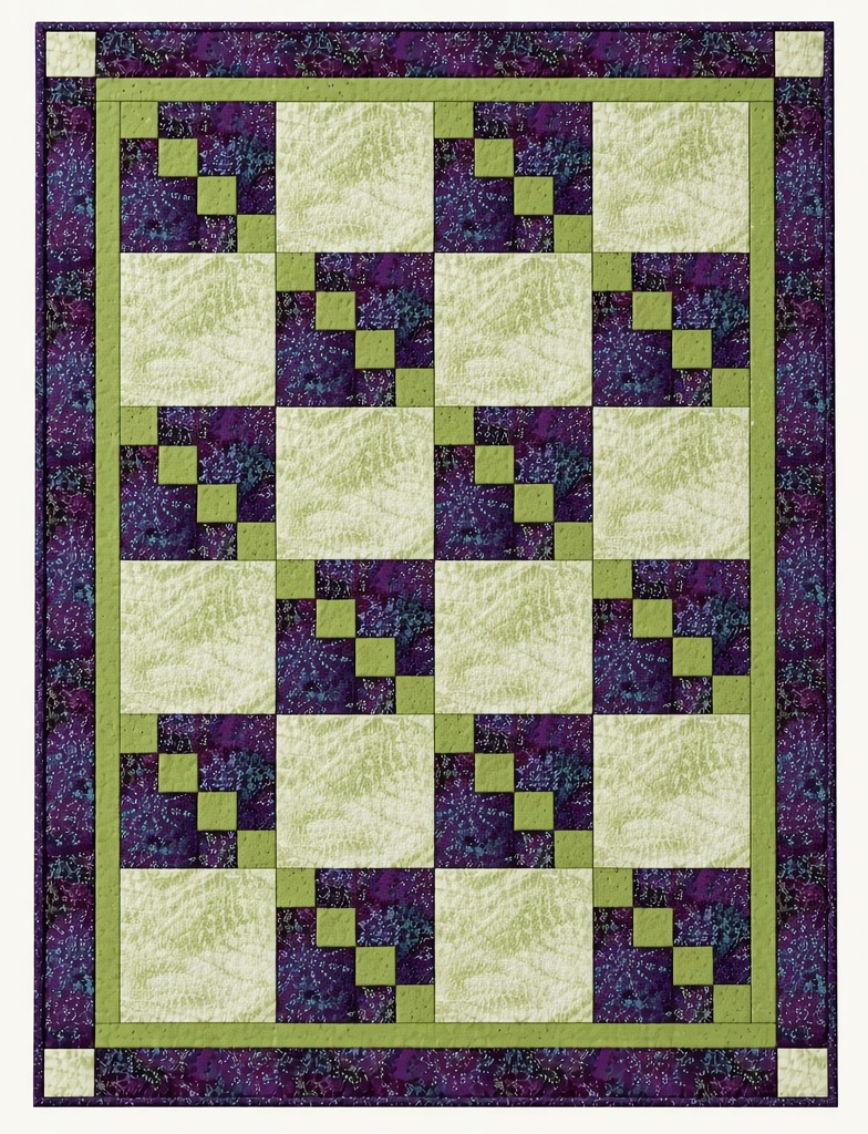 Carmon's Quilt Shop Dragonfly Wonder City Lights 3-yard quilt in green and purple geometric cotton fabric