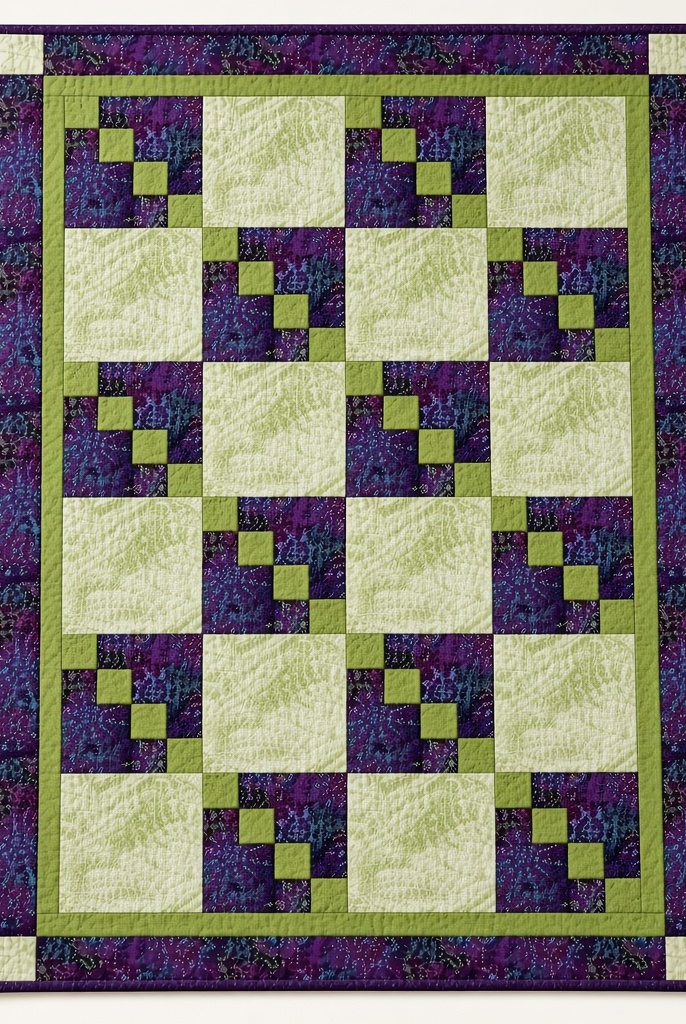 Carmon's Quilt Shop Dragonfly Wonder City Lights 3-yard quilt in purple and green geometric cotton fabric