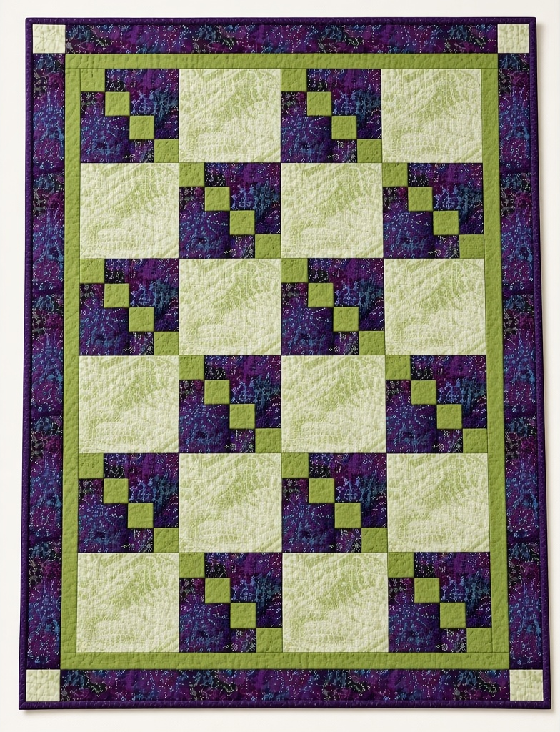 Carmon's Quilt Shop Dragonfly Wonder City Lights 3-yard quilt in purple and green geometric cotton fabric