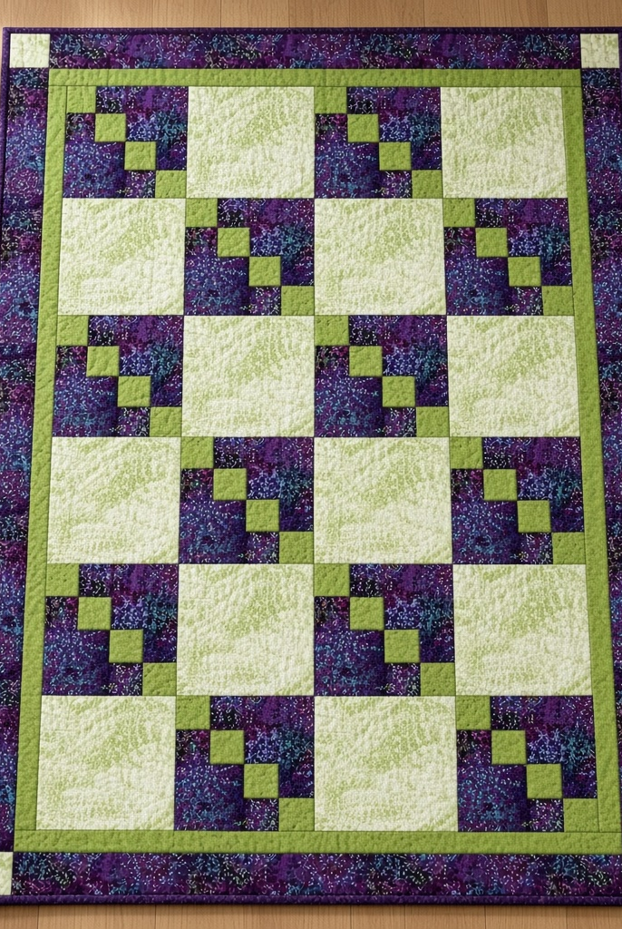 Carmon's Quilt Shop Dragonfly Wonder City Lights 3-yard quilt in purple and green geometric cotton fabric