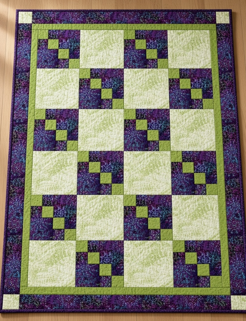 Carmon's Quilt Shop Dragonfly Wonder City Lights 3-yard quilt in purple and green geometric cotton fabric