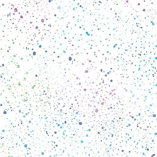 Carmon's Quilt Shop Dragonfly Wonder cotton fabric featuring a white background with multi-colored paint splatter print