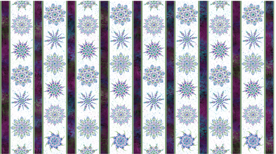 Carmon's Quilt Shop Dragonfly Wonder stripe cotton fabric featuring white and plum mandala patterns