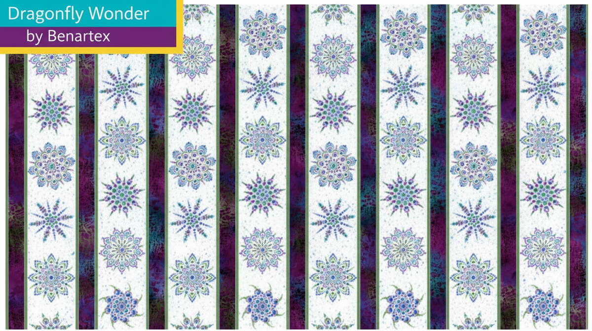 Carmon's Quilt Shop Dragonfly Wonder stripe quilting cotton fabric in white and plum with intricate mandala patterns.