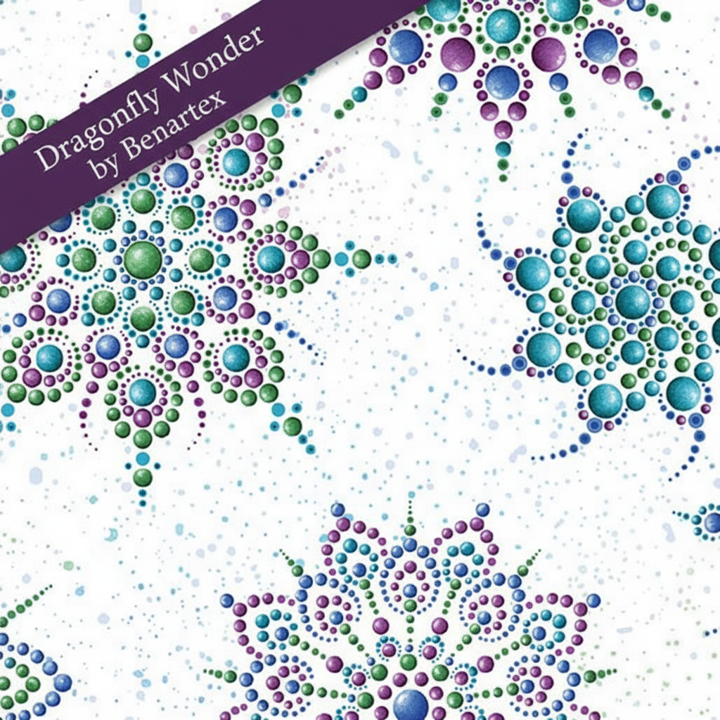 Carmon's Quilt Shop Dragonfly Wonder white cotton fabric featuring multi-colored beaded medallion patterns.
