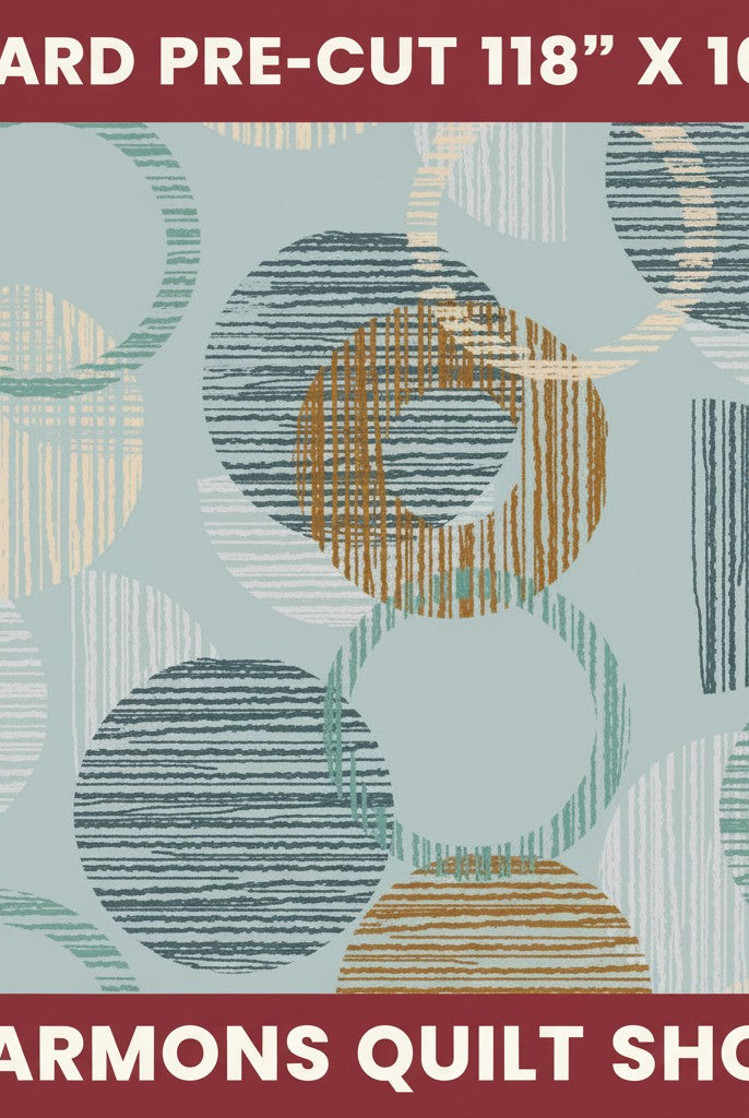 Carmon's Quilt Shop Panorama 118 inch wide cotton backing fabric in dusty aqua with overlapping geometric circles