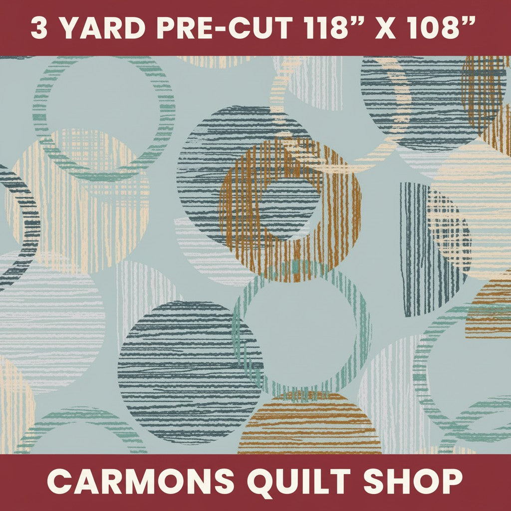 Carmon's Quilt Shop Panorama 118 inch wide cotton backing fabric in dusty aqua with overlapping geometric circles