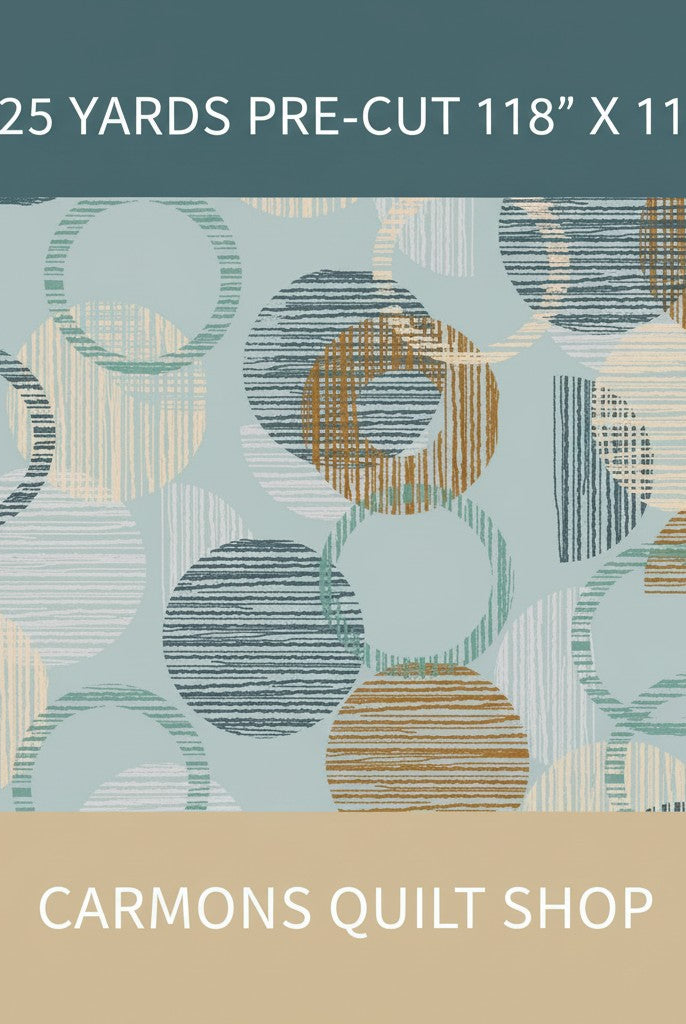 Carmon's Quilt Shop Panorama 118 inch wide cotton backing fabric featuring a dusty aqua overlapping circle pattern.