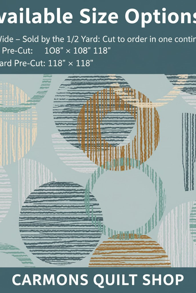 Carmon's Quilt Shop Panorama 118 inch wide cotton backing fabric featuring a dusty aqua overlapping circle geo pattern