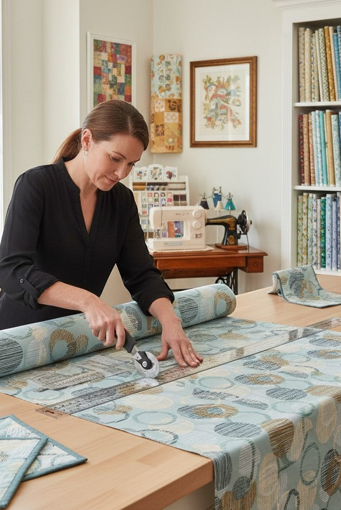 Carmon's Quilt Shop woman cutting dusty aqua Panorama overlapping circle geometric 118 inch wide cotton quilting fabric