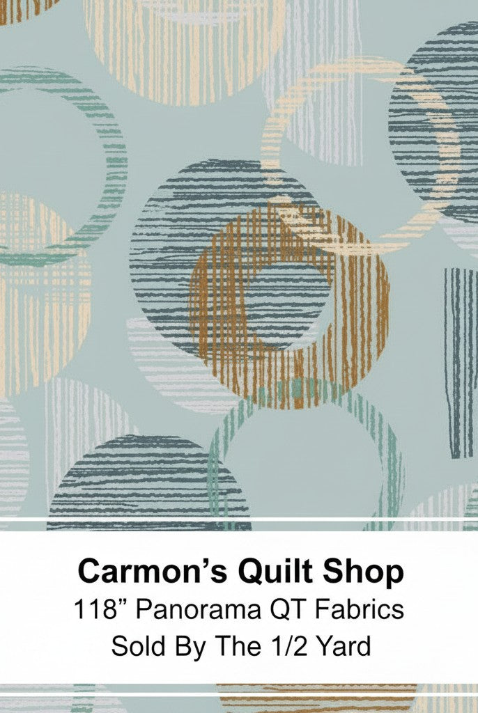Carmon's Quilt Shop QT Fabrics Panorama dusty aqua cotton quilting fabric with overlapping geometric circle pattern