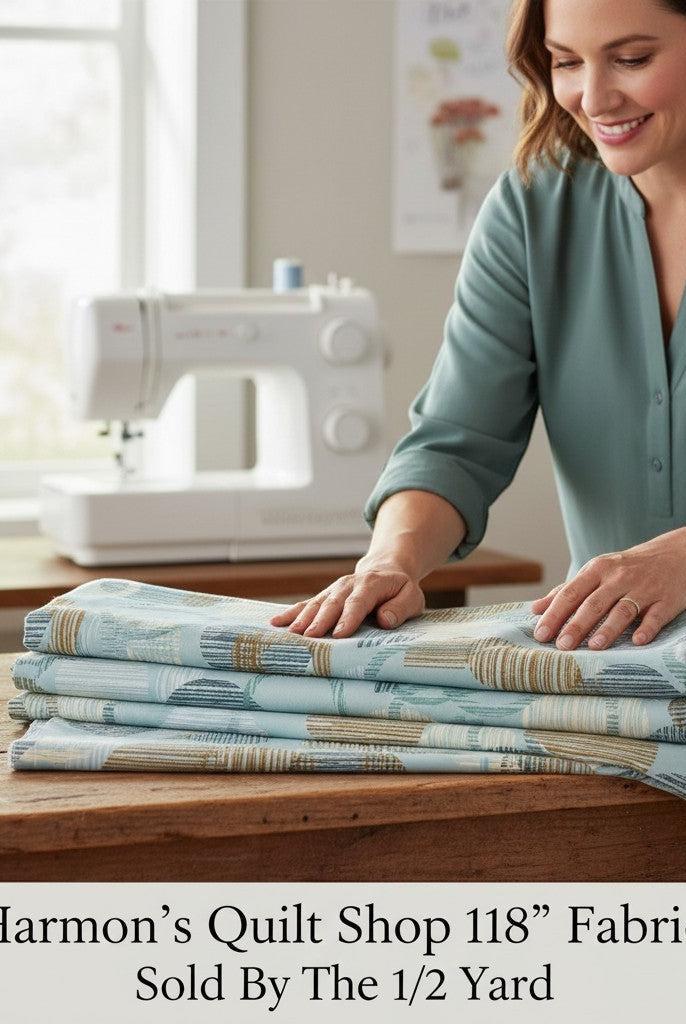 Carmon's Quilt Shop dusty aqua overlapping circle geometric 118 inch wide cotton quilting fabric on a wooden table