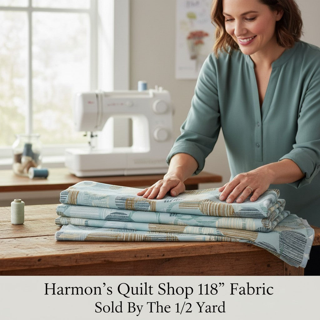 Carmon's Quilt Shop dusty aqua overlapping circle geometric 118 inch wide cotton quilting fabric on a wooden table