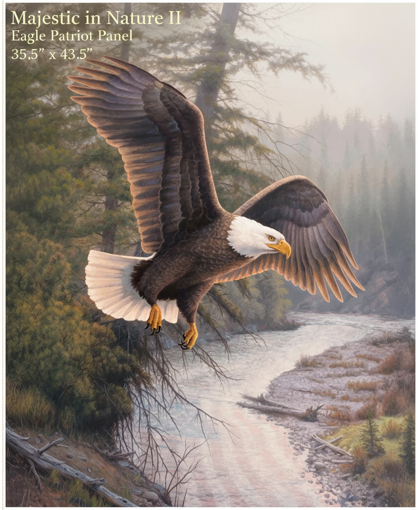 Carmon's Quilt Shop Majestic in Nature II cotton fabric panel featuring a bald eagle soaring over a forest landscape.
