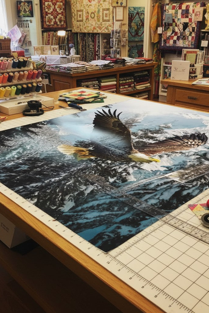 Carmon's Quilt Shop Hoffman Fabrics eagle mountain landscape cotton quilt panel on a cutting mat in a sewing studio.