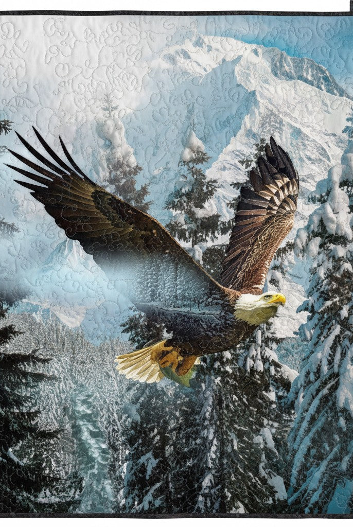 Carmon's Quilt Shop Call Of The Wild cotton fabric panel featuring a bald eagle soaring over snowy mountain landscape