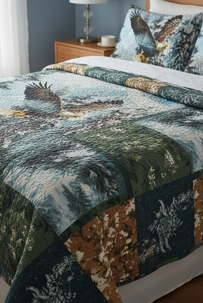 Carmon's Quilt Shop Call Of The Wild eagle mountain quilt panel featuring a scenic landscape on 100% cotton fabric.