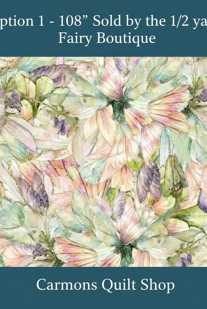 Carmon's Quilt Shop Fairy Boutique Make a Wish multi-colored 108-inch wide cotton quilt backing fabric with floral print