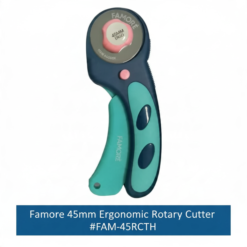 Carmon's Quilt Shop Famore 45mm ergonomic rotary cutter with teal and dark blue non-slip handle for quilting