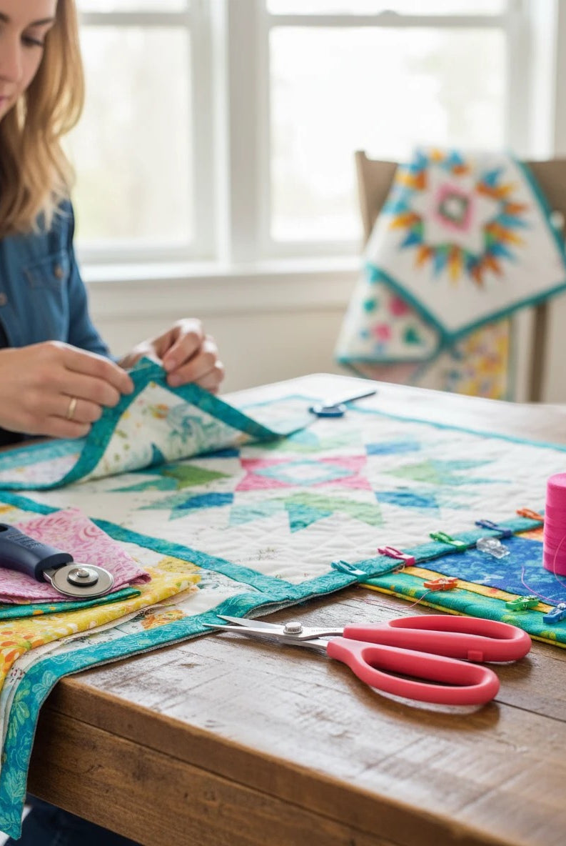 Carmon's Quilt Shop FAMORÉ precision crafting scissors with pink ergonomic handles resting on a wooden quilting table.