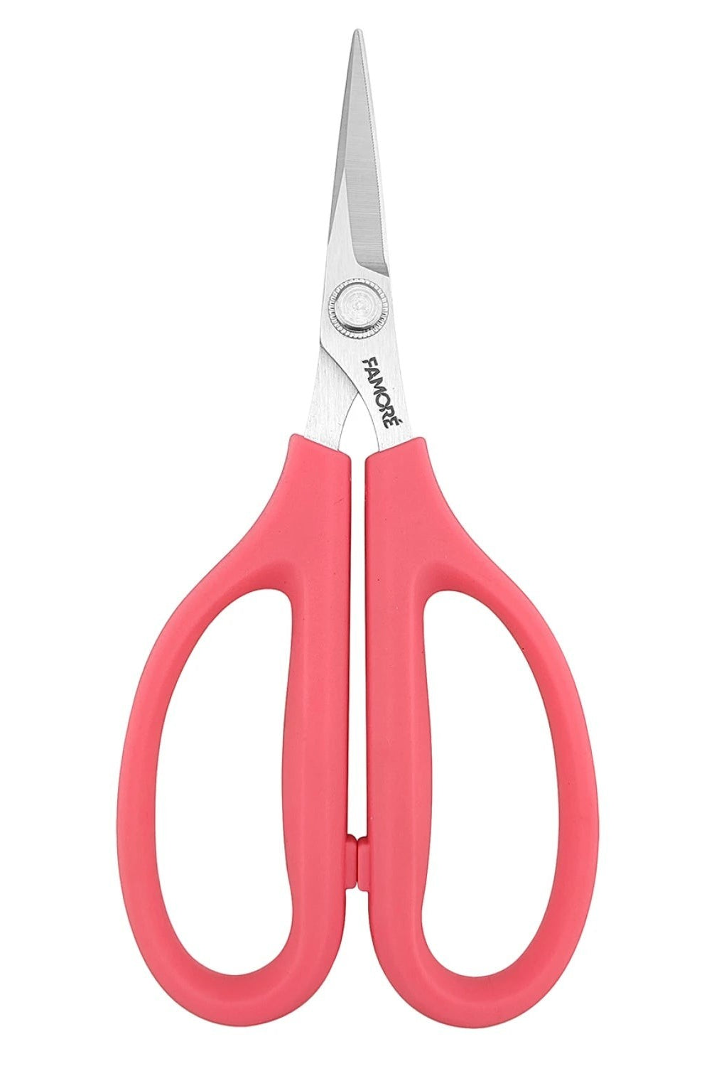 Carmon's Quilt Shop FAMORÉ 6.25-inch precision crafting scissors with stainless steel blades and ergonomic pink handles.