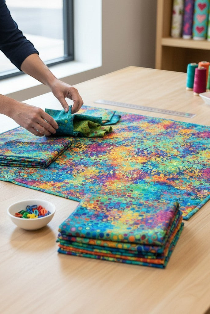 Carmon's Quilt Shop Fiesta Phantasma 108-inch wide cotton fabric with colorful hexagon and starburst pattern on a table