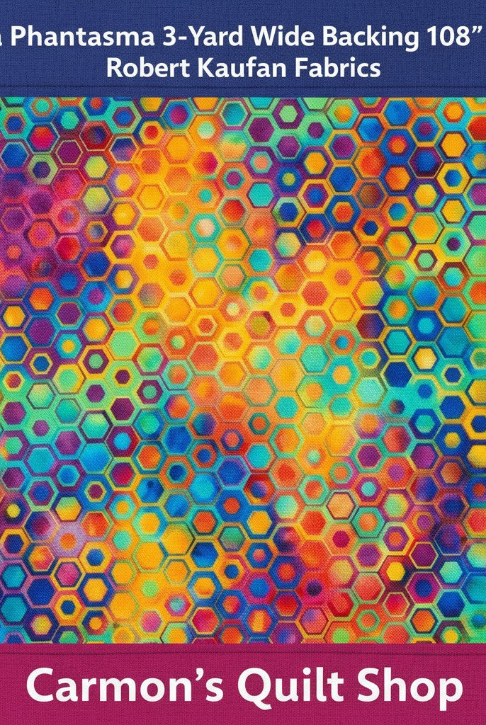 Carmon's Quilt Shop Fiesta Phantasma 108-inch wide cotton quilt backing with a colorful geometric hexagon pattern.
