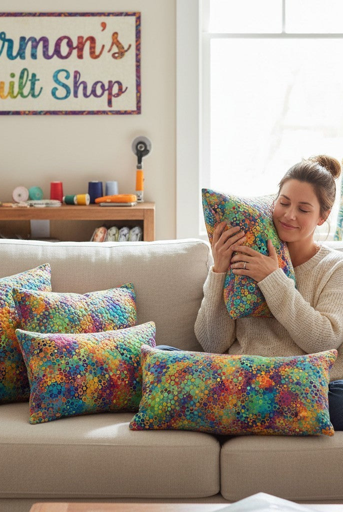 Carmon's Quilt Shop woman hugging a pillow made from colorful Fiesta Phantasma hexagon cotton fabric on a sofa