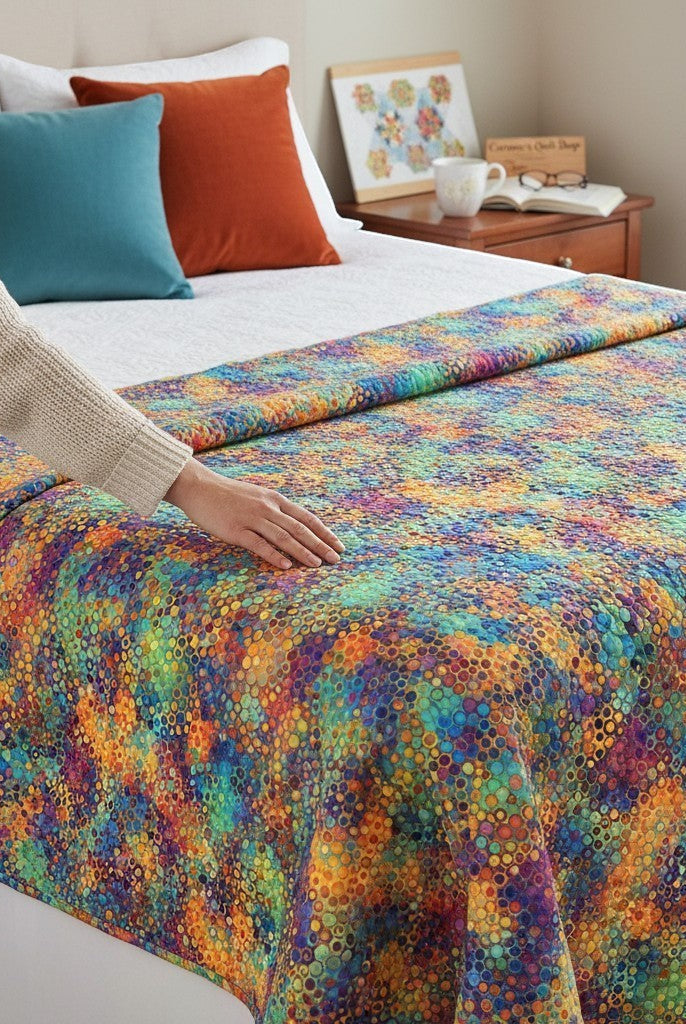 Carmon's Quilt Shop Fiesta Phantasma 108-inch cotton quilt backing with a colorful geometric hexagon starburst pattern