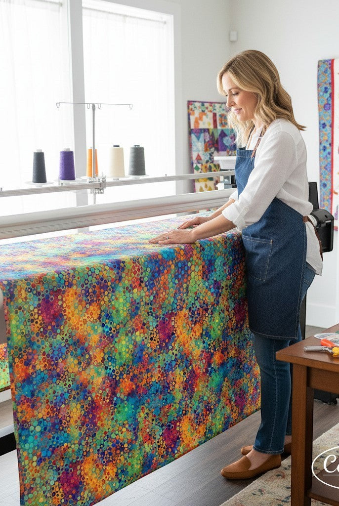 Carmon's Quilt Shop features a woman using a longarm machine with vibrant Fiesta Phantasma hexagon cotton quilt backing.