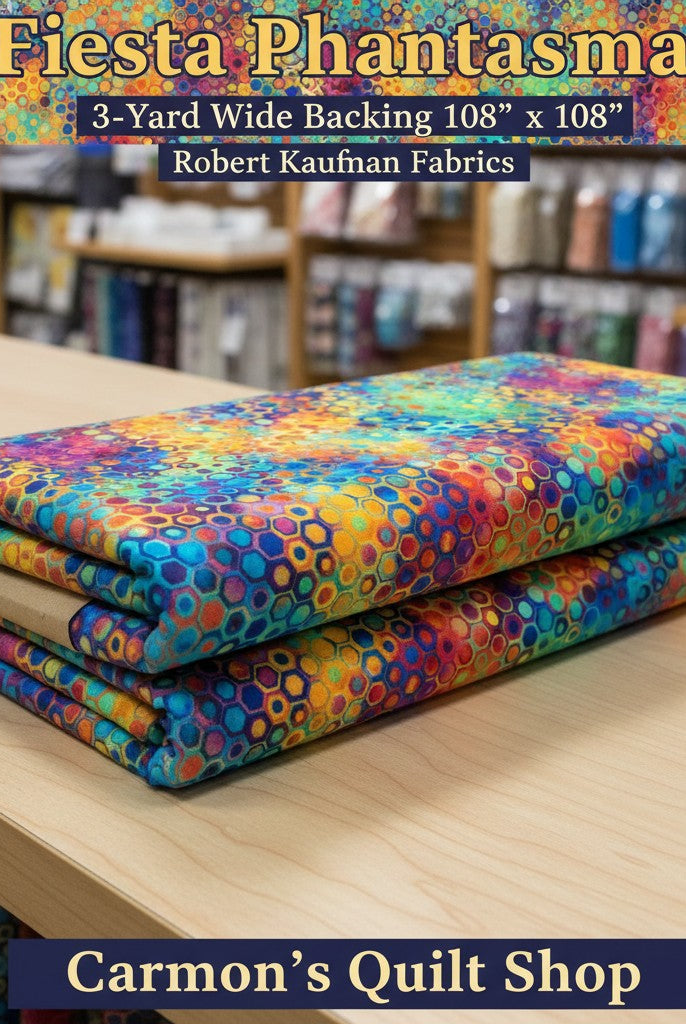 Carmon's Quilt Shop Fiesta Phantasma 108-inch wide cotton quilt backing with a colorful geometric hexagon starburst print.