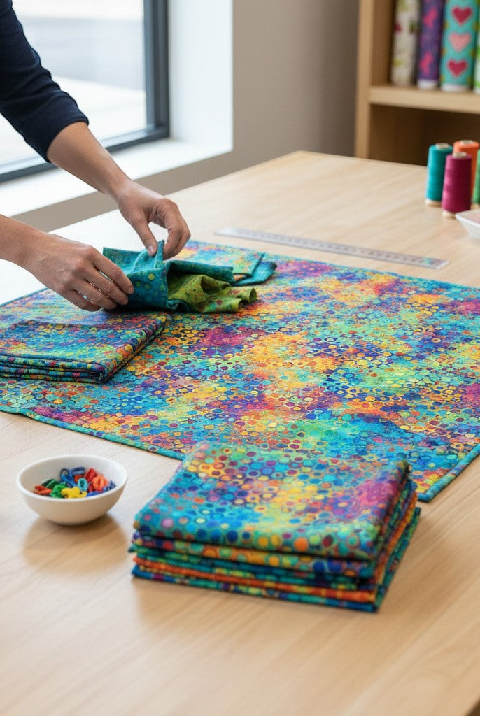 Carmon's Quilt Shop Fiesta Phantasma Wide Fabric, 108" cotton with a vibrant honeycomb pattern in blue, yellow, orange, purple, green, and pink.
