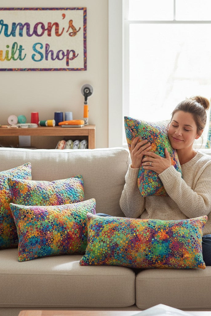 Carmon's Quilt Shop Fiesta Phantasma wide cotton fabric with a vibrant honeycomb pattern in blues, yellows, oranges, purples, green, and pink.
