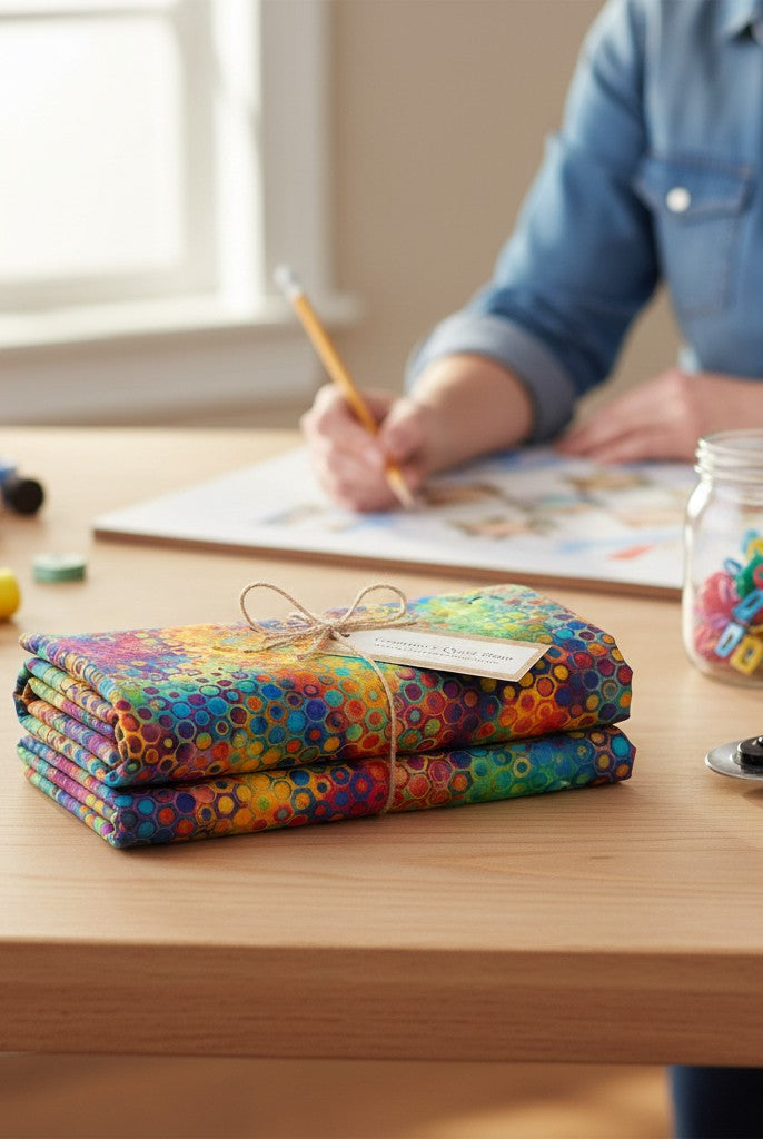 Carmon's Quilt Shop Fiesta Phantasma Wide Fabric, 108" cotton with a vibrant geometric honeycomb pattern in blue, yellow, orange, purple, green, and pink.