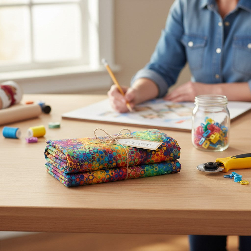Carmon's Quilt Shop Fiesta Phantasma Wide Fabric, 108" cotton with a vibrant geometric honeycomb pattern in blue, yellow, orange, purple, green, and pink.