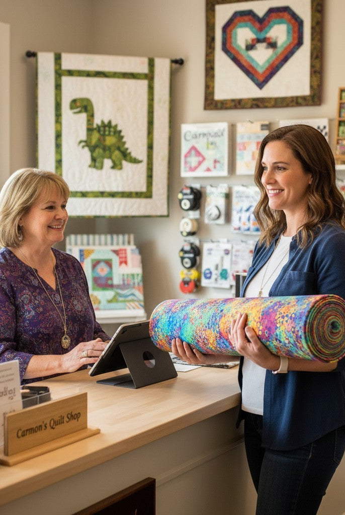 Carmon's Quilt Shop: Woman holds a rolled-up wide fabric with a vibrant, colorful geometric honeycomb pattern in blues, yellows, oranges, purples, green, and pink.